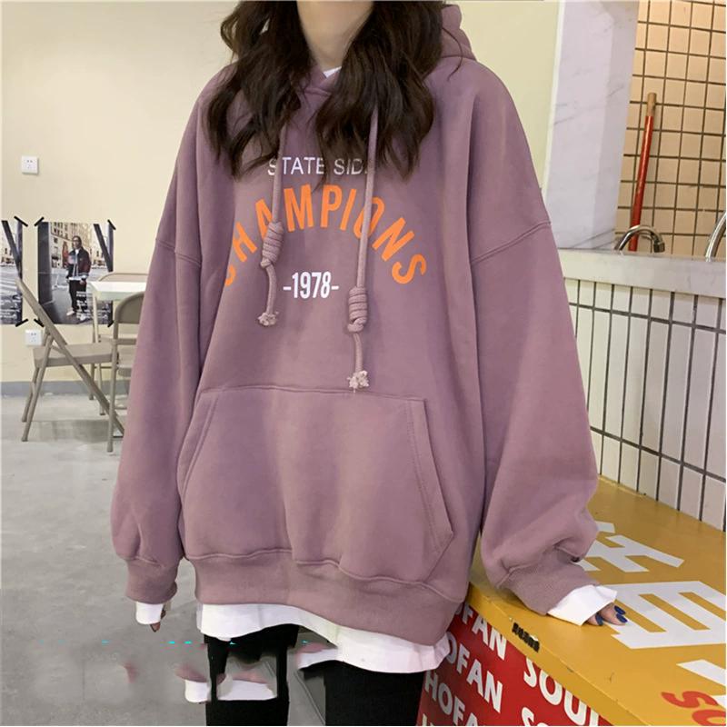 Thin and Thick Optional Hooded Sweater Women Loose Ladies Student Tops Fashion Retro Versatile Sweatshirt