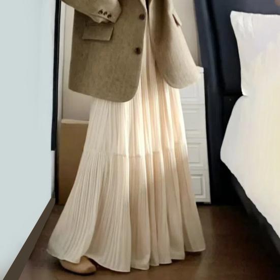 Women Maxi Skirt Elastic High Waist Flowy Hem Long Skirt Solid Color Splicing Design Slimming Skirt Daily Wear