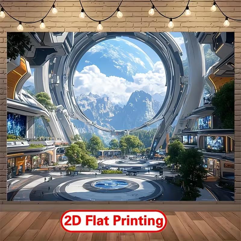 2D Sci-Fi Space Station City Tapestry Modern Future Earth View Background Cloth 47.2x31.5inch/120*80cm