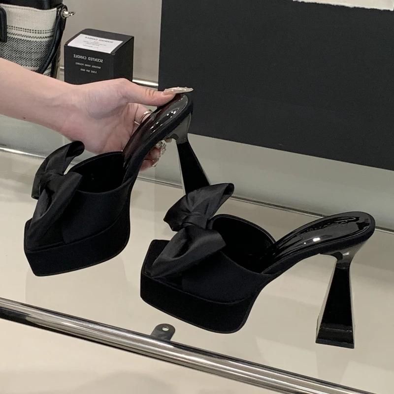 Summer Fashion Butterfly-knot Platform Slippers Women Square Toe Chunky Heels Shoes Party Dress Zapatos De Mujer