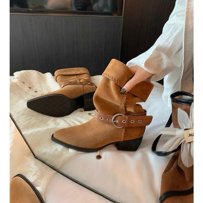Cowhide~ Dunhuang Stack Boots 5cm Thick Heel Buckle Western Cowboy Knight Short Boots Women's Desert Boots