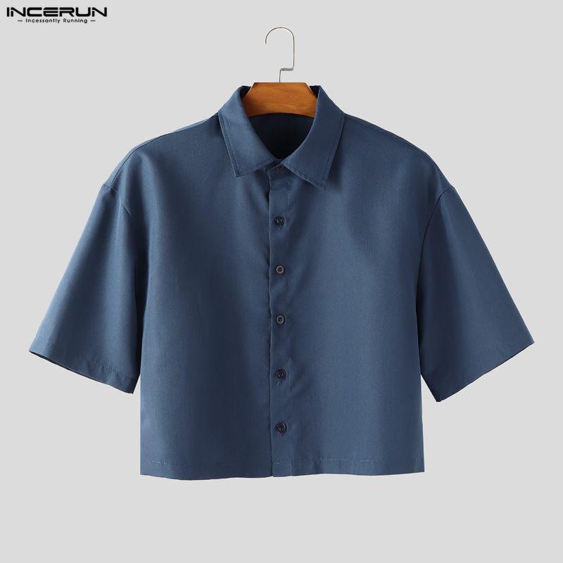 INCERUN Two Pieces Men Lapel Short Sleeve Cropped T-shirts Long Pants Sets Suits