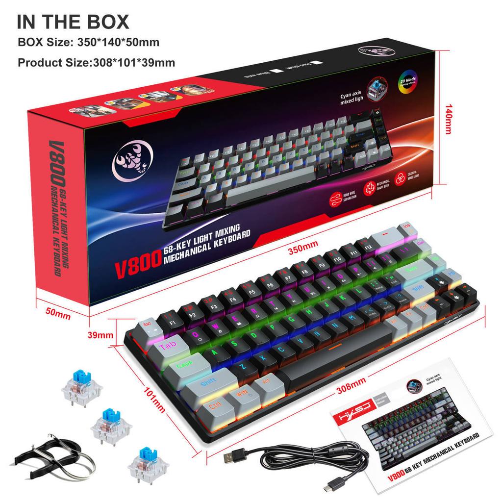 New 68 Key Wired Mechanical Esports Gaming Keyboard With Hot Swappable Green Axis Engineering Dual Color Injection Molded Keycaps And Ice Blue Light