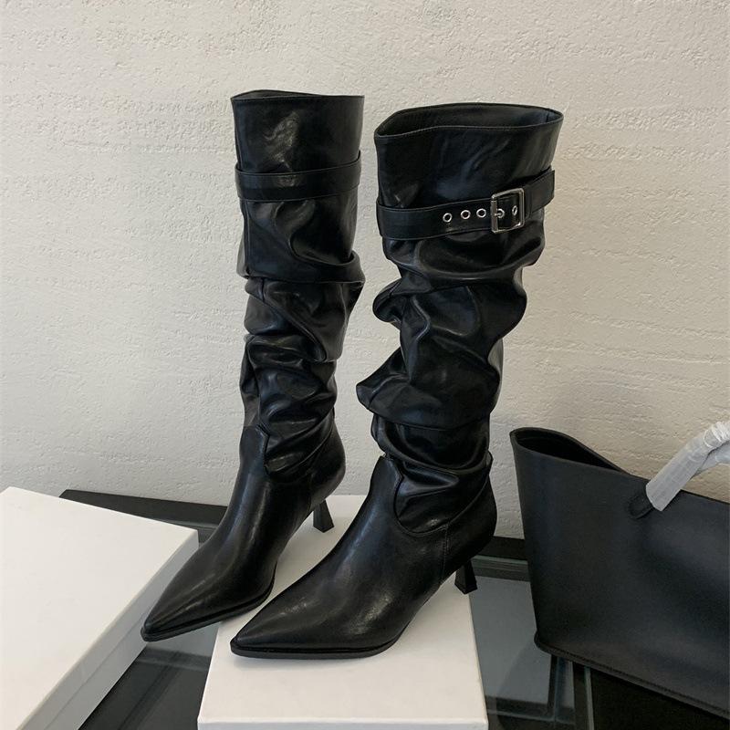 Autumn and winter new niche thin knight boots pointed boots women's belt buckle high boots temperament versatile fashion single boots