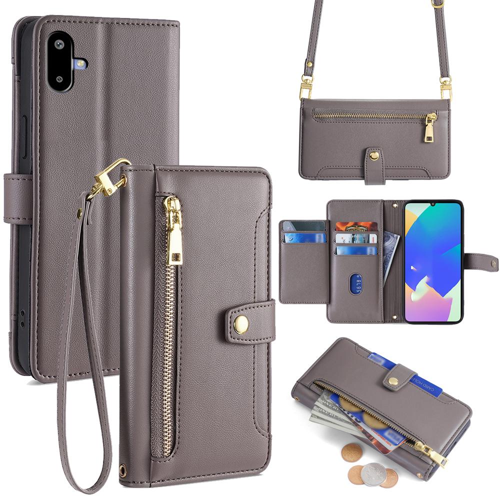 For Samsung Galaxy F06 5G Leather Case Zipper Pocket Wallet Phone Cover with 2 Straps