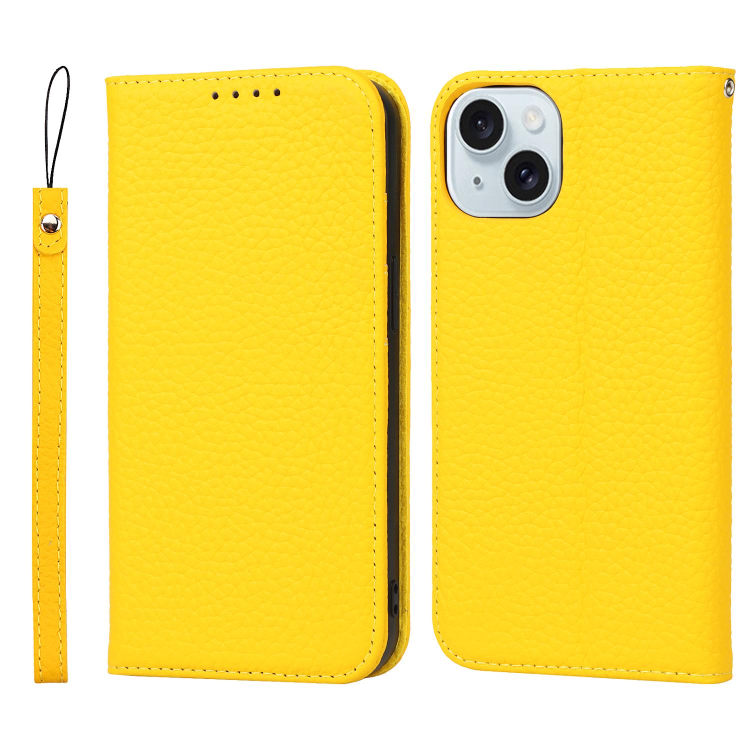 

For iPhone 15 Case Litchi Texture Anti-scratch Genuine Cow Leather Cover Stand Wallet Yellow