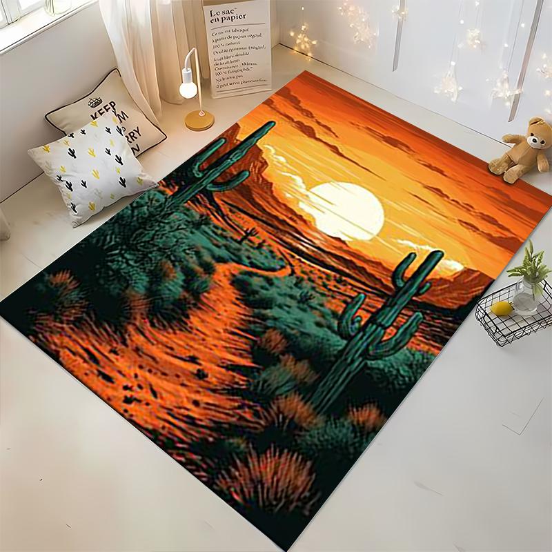 Sunset Desert Scene Carpet with Cactus Pattern, Warm Earth Tones Design Suitable for Use As an Anti-slip for Living Room Bedroom Sofas