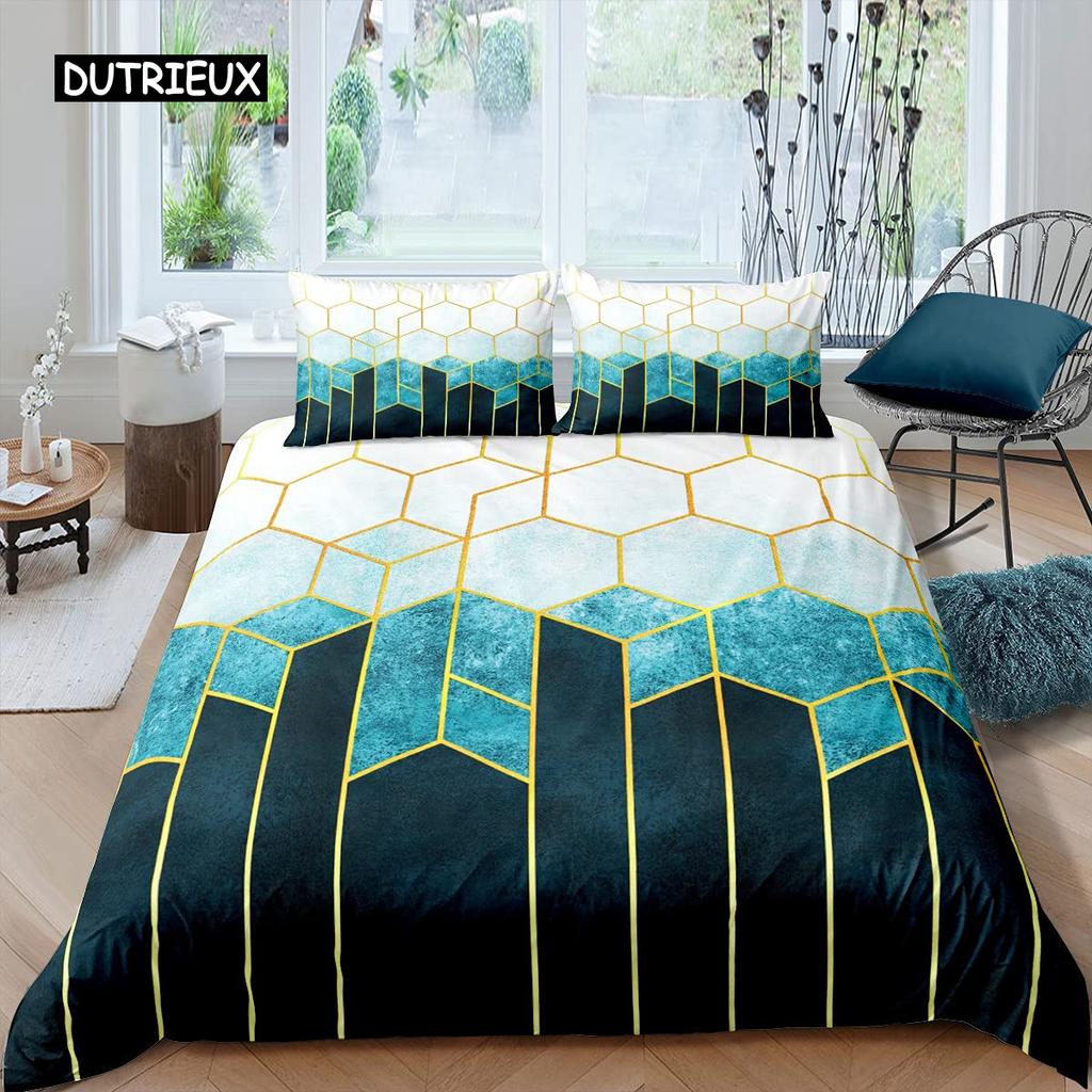 Sechseckige Bettbezug-Set Wabenmarmor Bettdeckenbezug-Set Bienenstock Sechseck Batik King Size Geometrisches Diamant-Bettwäscheset