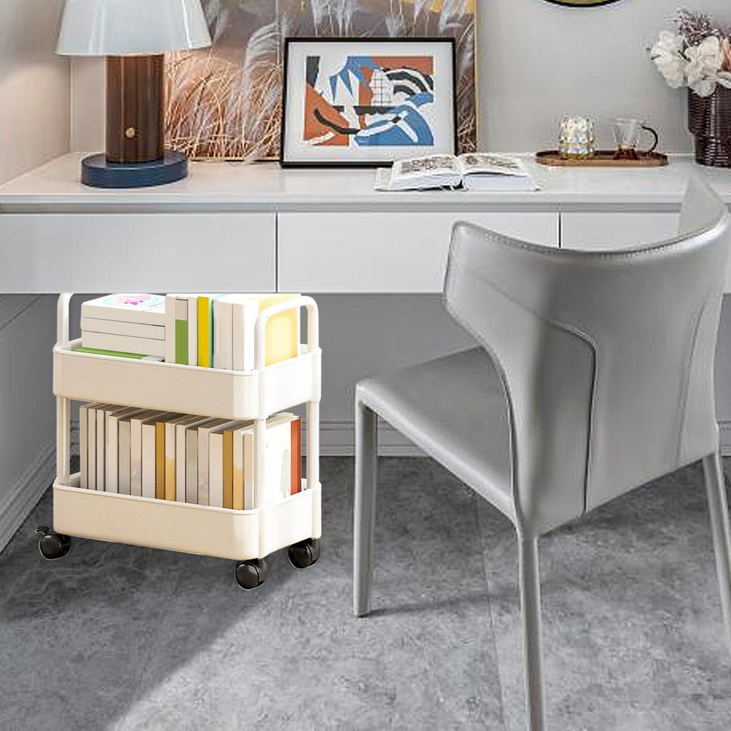 2-Tier Movable Bookshelf Cart with Wheels Multi-Purpose Storage Rack for Books Toys Snacks Household Mobile Organizer
