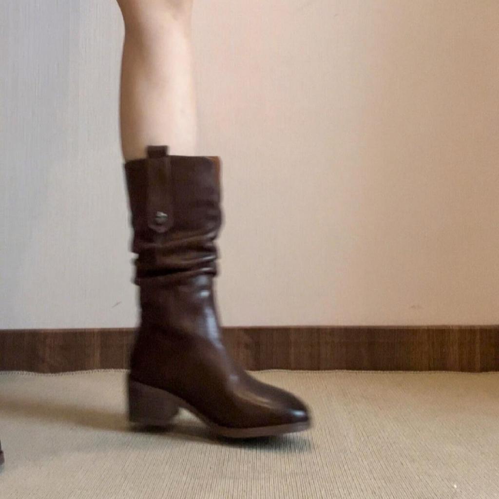 ~ Cowhide Brown Western Cowboy Boots Medium Heel Knight Boots Pile Boots Leather Medium Boots Martin Boots Women