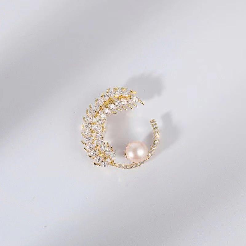 

Copper Zircon Wheat Ear Brooch - Pearl Barley Corsage Pin for Evening Dress, Autumn Winter Vintage Accessory