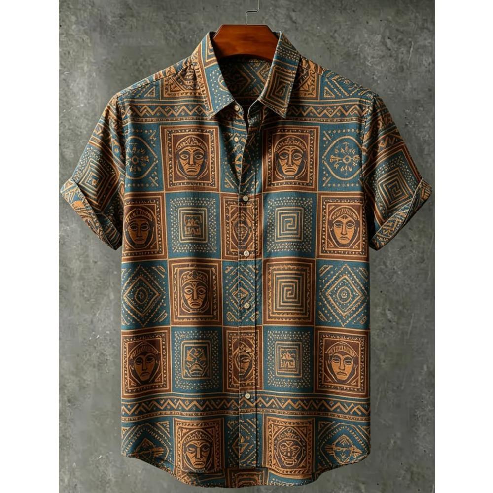 Camicia da uomo a maniche corte stampata geometrica con ritratto tribale, Per viaggi casual, Viaggi in spiaggia e stile vacanza etnica