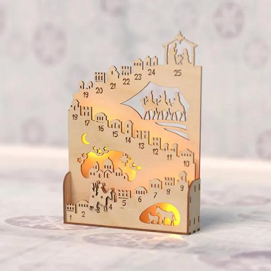 Nativity Advent Calendar Rustic Wooden Christmas Countdown Calendar Light-Up Tabletop Xmas Centerpiece for Cabinet Desk Shelf Mantel Decoration