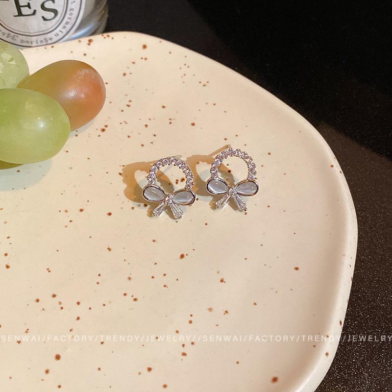 Exquisite opal bow earrings women's niche design high-end stud earrings simple and versatile temperament earrings