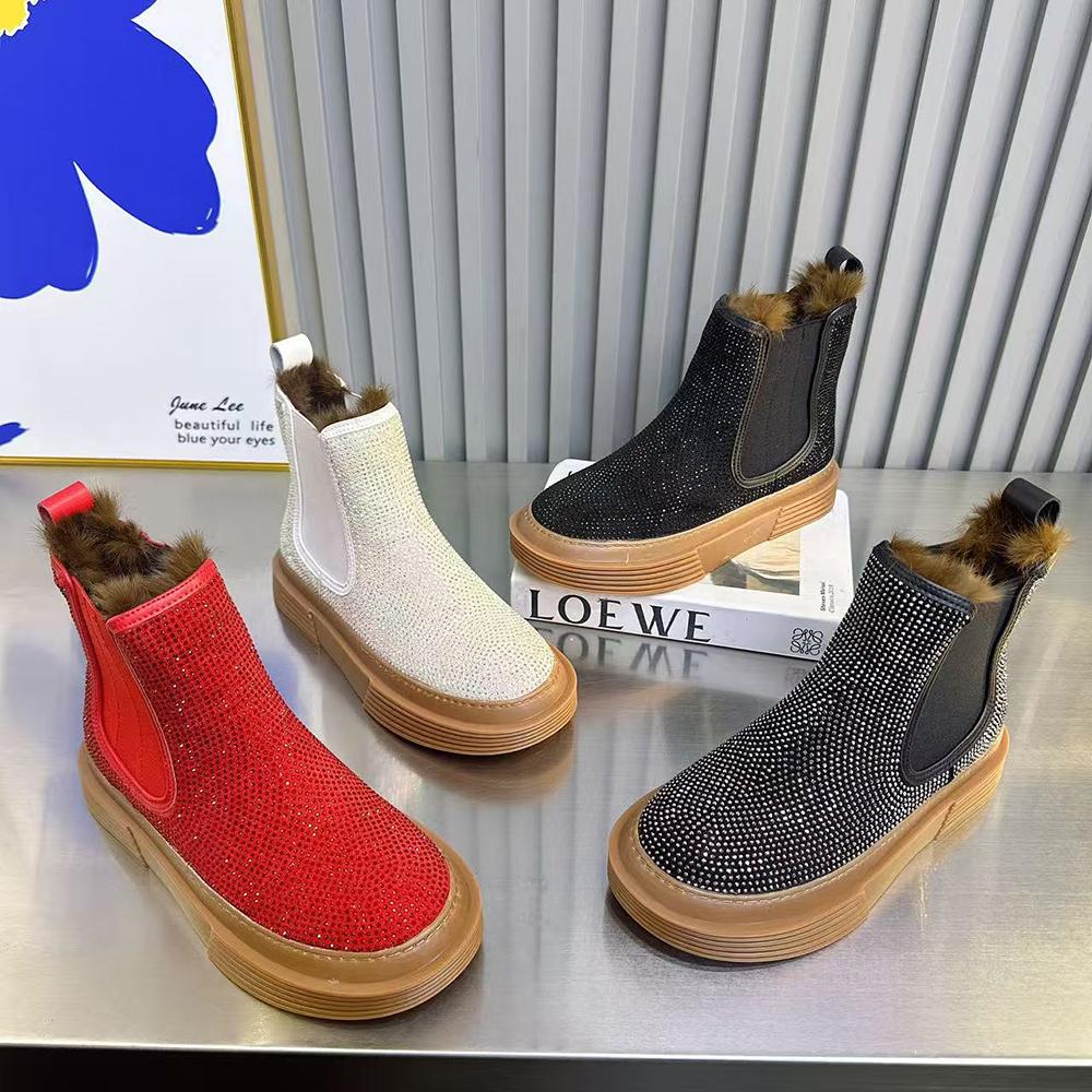 Winter Women Boots Warm Fur Snow Boots Antislip Platform Casual Ankel Boots Plus Size Fashion Rhinestone Women Cotton Shoes