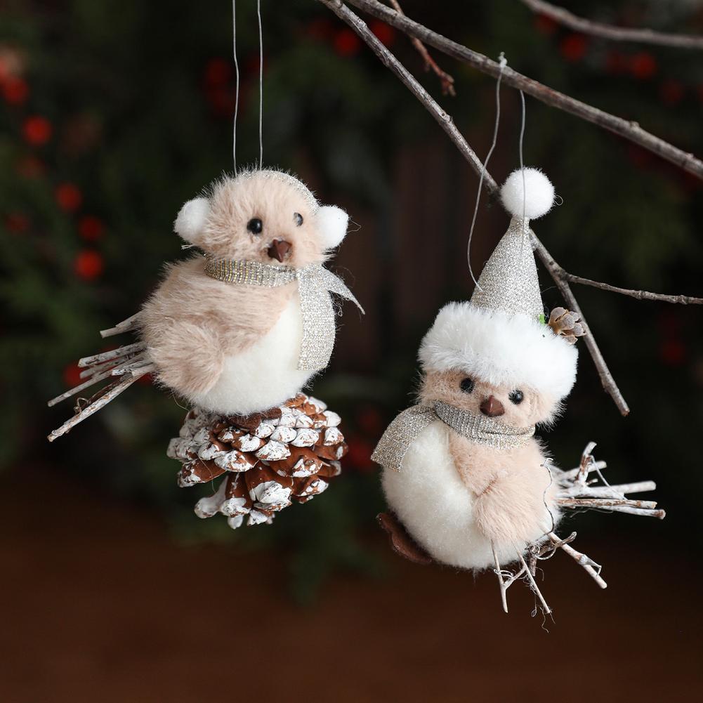 Gray Foam Bird Ornament with Pinecone and Branch for Christmas Tree Plush Design Lightweight Holiday Decoration