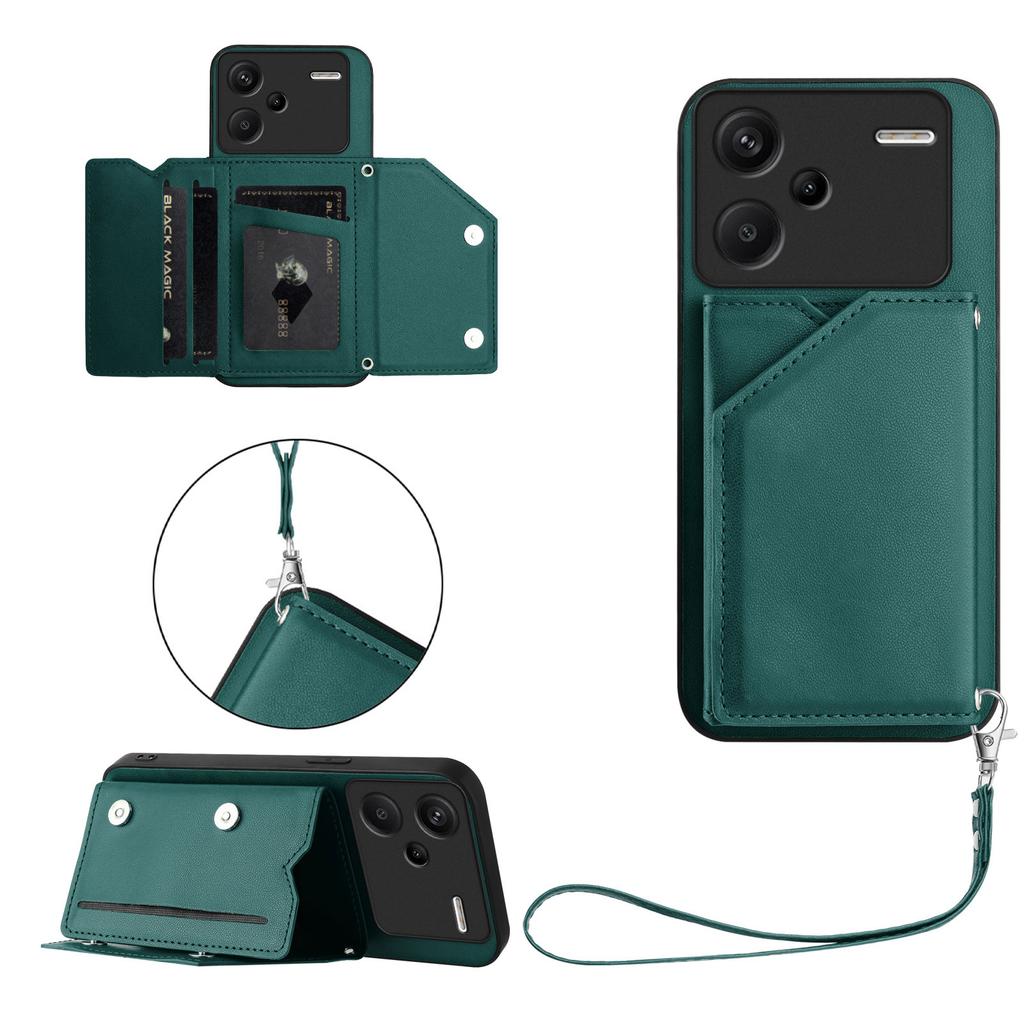 For Xiaomi Redmi Note 13 Pro+ 5G Case Card Holder Kickstand Skin-Touch Phone Cover with Wrist Strap