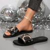 Women'S Glittery Rhinestone-Embellished Black Slide Sandals -Comfortable Flat Sole, Open-Toe Summer Slippers for Casual & Outdoor Wear, Ladies Sandals