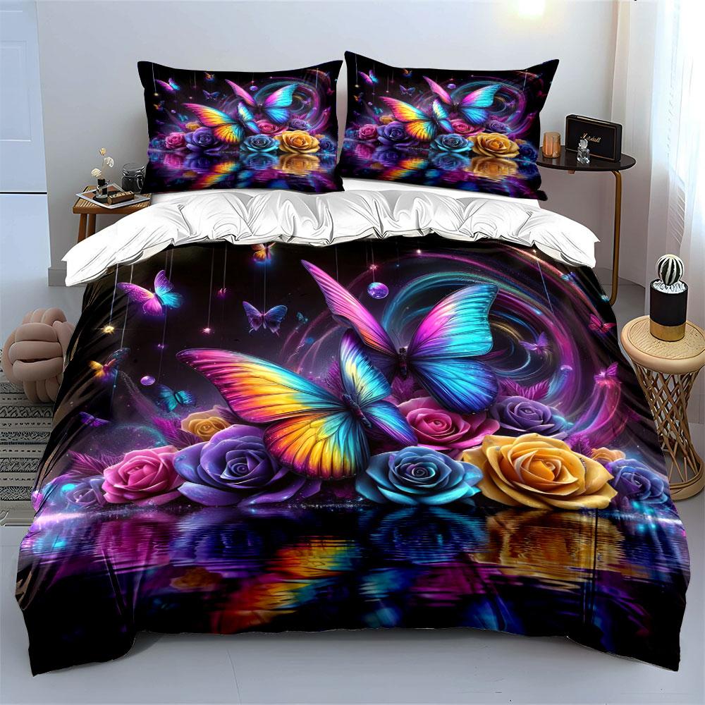 Colorful Butterflies and Roses Bedding Duvet Cover Set (1*Duvet Cover 2*Pillowcases, Without Duvet Insert)