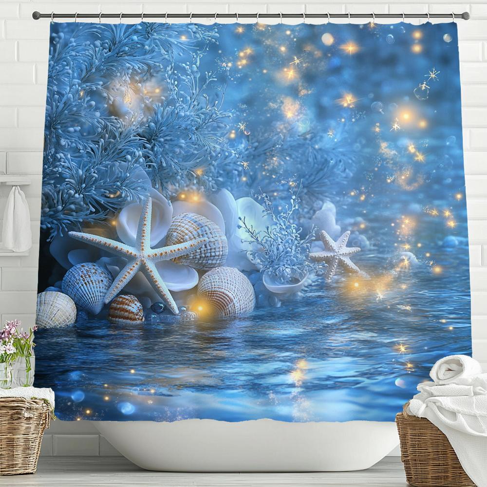 Sunshine Ocean Starfish Shell Printing Shower Curtain, Bathroom Decorative Shower Curtain, Waterproof Shower Curtain With Hooks