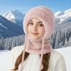 Women 3 in 1 Hooded Skull Cap with Scarf and Mask Fleece Lined Knit Hat Set Warm Winter Knitted Hat