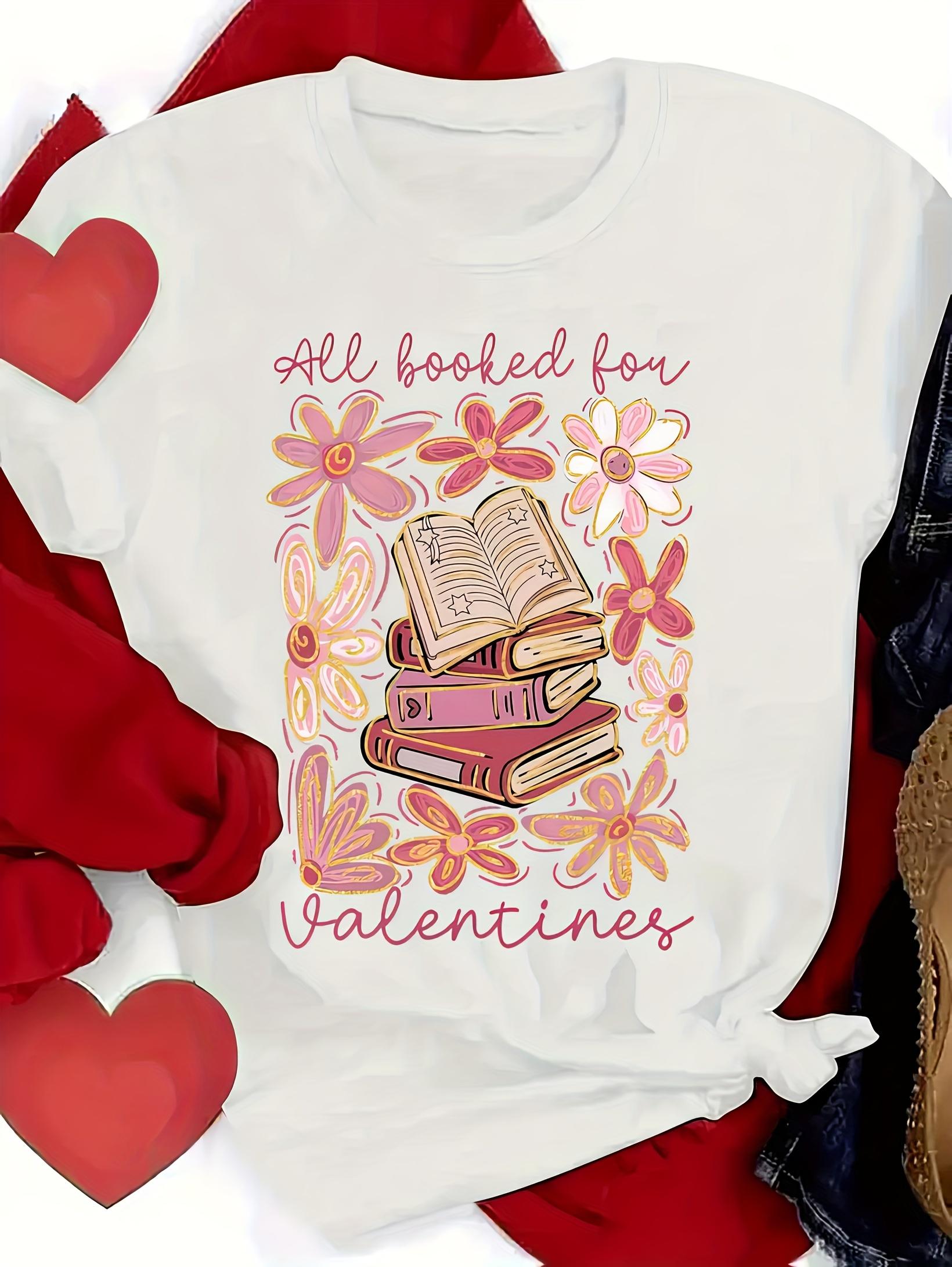 

Womens Valentines Day Graphic Sleeve Crew Neck Casual with Book Flower Design White Tee for Spring Summer Valentines Day Gifts S