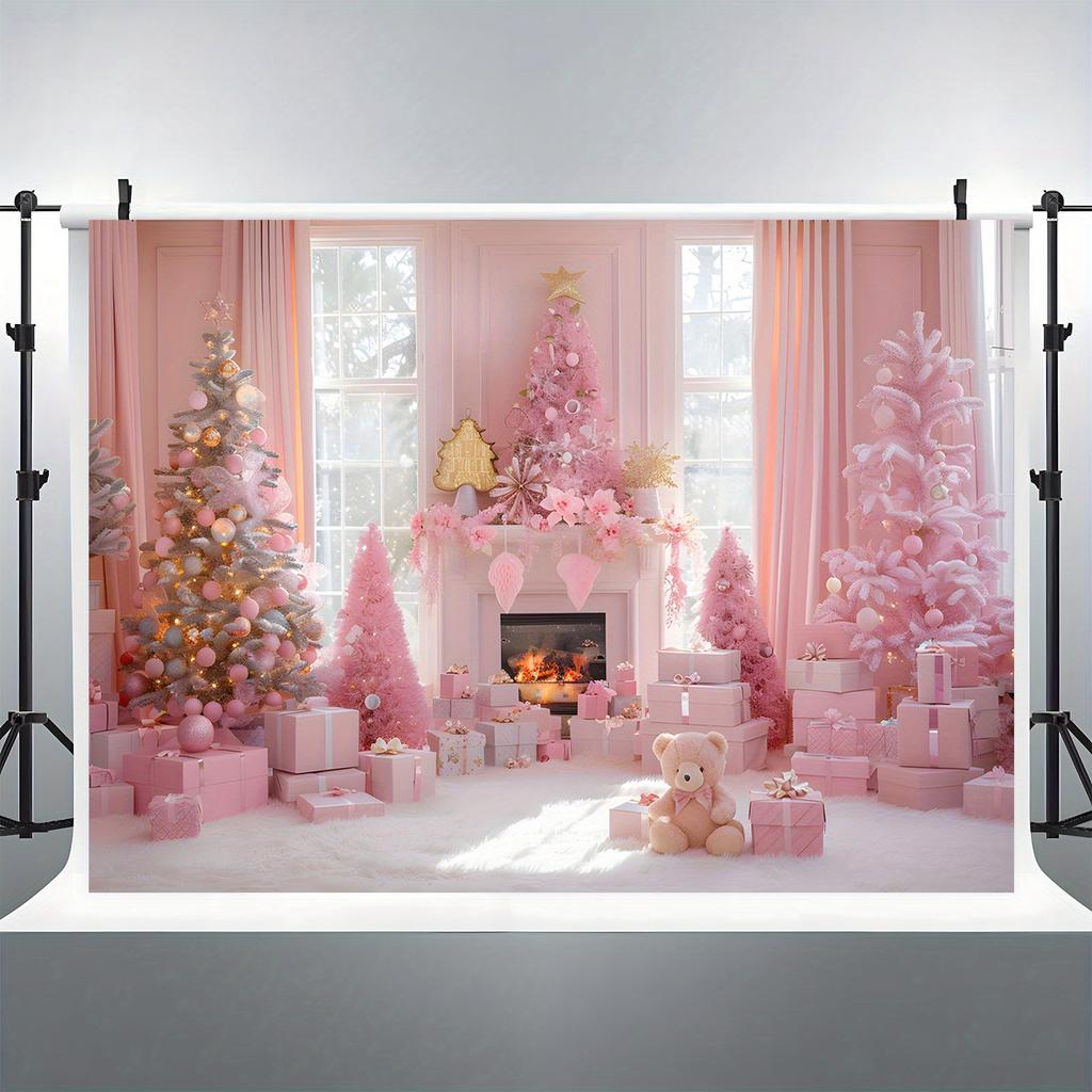 One 2D flat pink Christmas polyester background cloth with a Christmas pink tree ball background suitable for daily decoration
