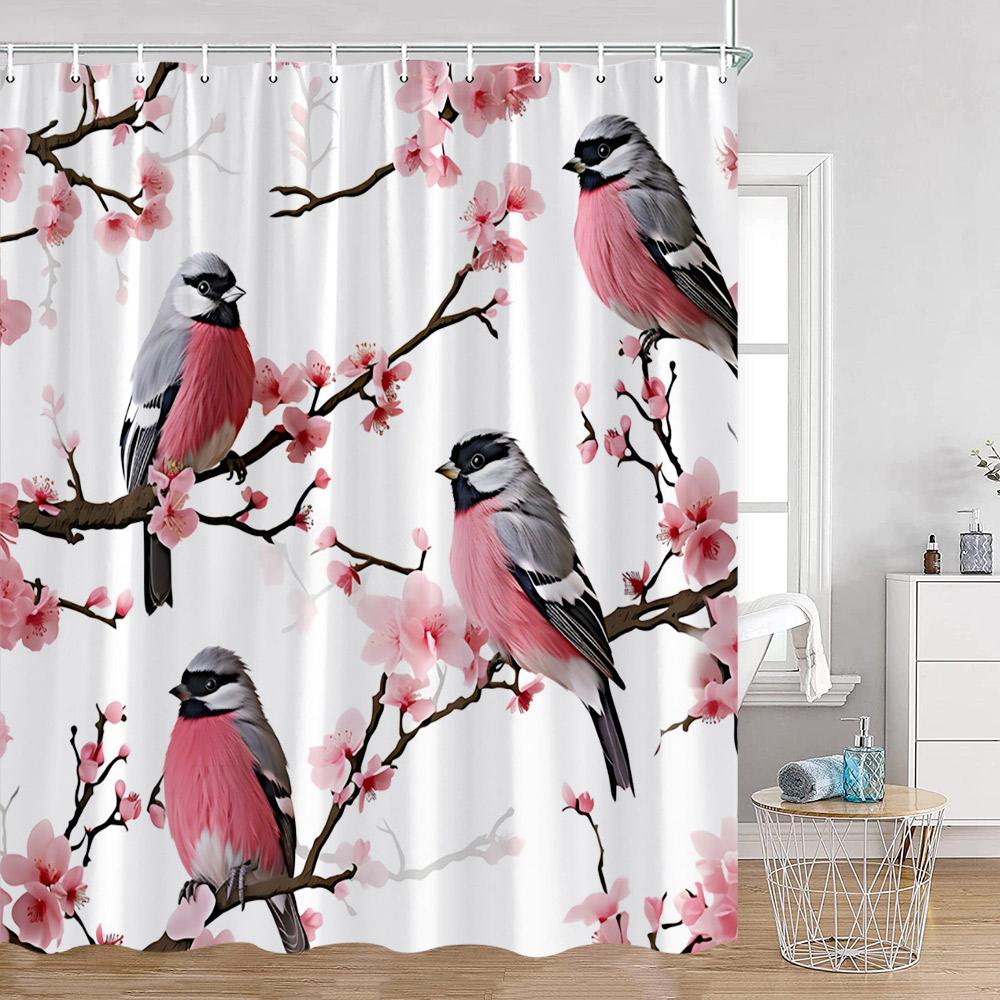 Cute Bird Plant Shower Curtain Hummingbird Pink Flower Green Leaves Nature Floral Bathroom Decor Polyester Bath Curtain