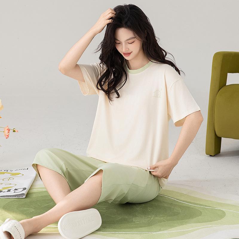 [Antibacterial] Pure cotton pajamas women's summer short-sleeved cropped pants solid color high-end sense can be worn outside loungewear set