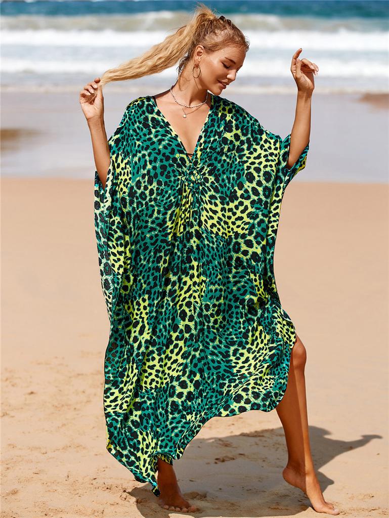 Women's Plus Size Animal Print V-Neck Batwing Kaftan Beach Dress Bathing Suit Cover-Up Loungewear