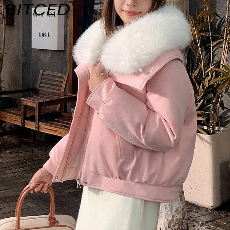 BITCED Women's Short Down Jacket with Oversized Fur Collar Winter Stylish Quilted Coat Thickened Outerwear American Style