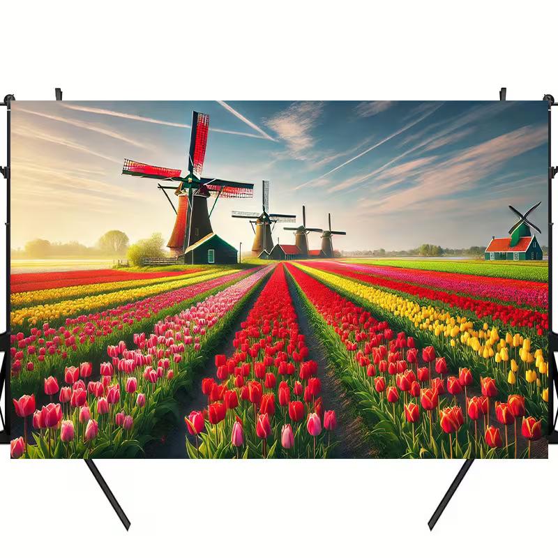 Helle holländische Landschafts-Wandteppich, üppige Tulpenfelder mit ikonischen Windmühlen unter einem goldenen Sonnenaufgang, fröhliche Frühlings-Wandkunst