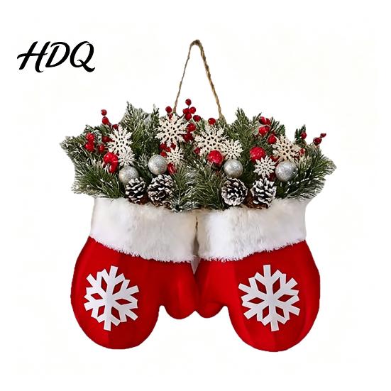 Farmhouse Style Christmas Door Hanger Mitten/Stocking Wreath Decorative Artificial Wreath with Berries Pine Cones Floral Branches Holiday