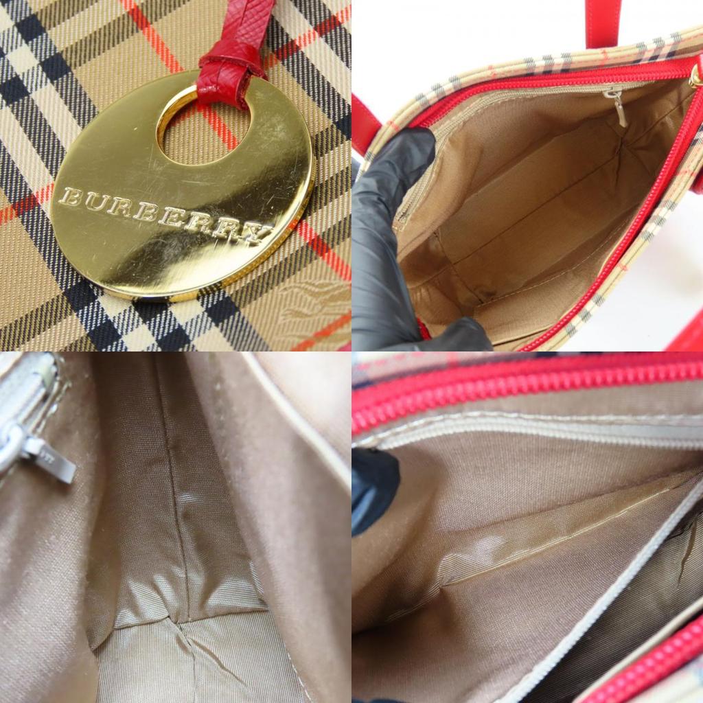 Used BURBERRY Handbag canvas/leather Red beige Nova Check