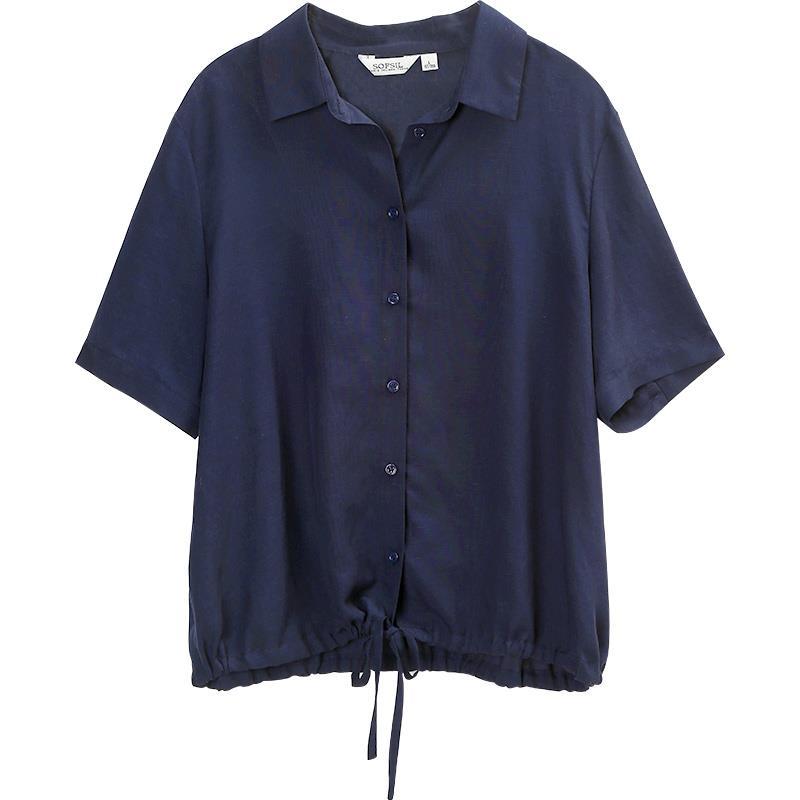 Summer Shirt Women's Short Sleeved Solid Color Drawstring Design Versatile Slimming Collar Shirt Top for Women
