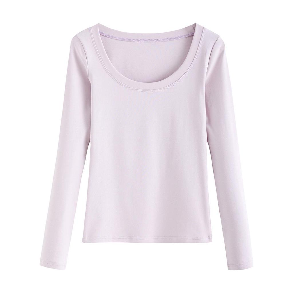 Damen gekämmte Baumwolle U-Ausschnitt Langarm Slim-Fit T-Shirt - Herbstmode, vielseitiges einfarbiges Oberteil