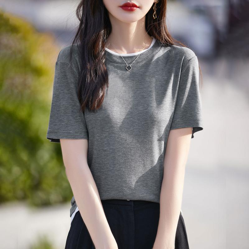 

Женская летняя трикотажная футболка с коротким рукавом, имитация двухслойности, облегающая, с круглым вырезом и прямыми плечами XXL серый