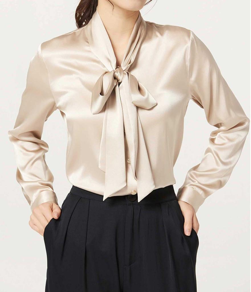 MAYUDAMA Silk Heavy Silk Blouse with Bow Tie and Large Long Small and Large Choice of Sizes and Colors Champagne Ribbon, Spring/Autumn, Sleeve,