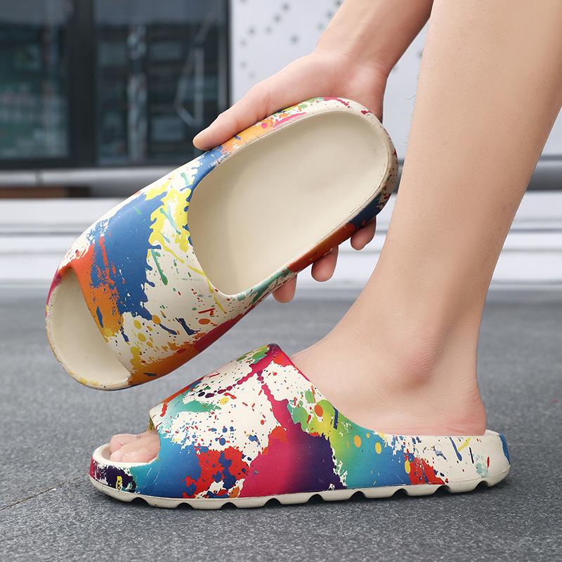 Mens Large Size Painted Thick-Soled Sandal Shoes, New Summertime Style, Anti-Skid Daily Flip-Flops, Beach Slide Shoes