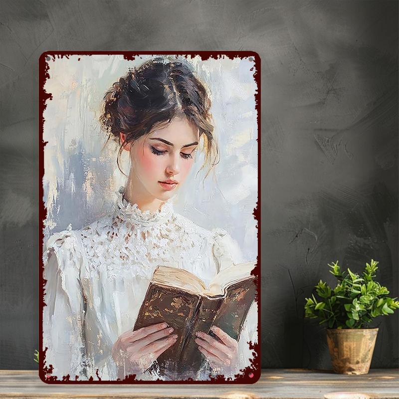 D Flat D Flat A D Metal Sign Showcasing a Vintage Painting of a Woman Engrossed in a Book Measuring by Inches This R 20x30cm(7.8x11.8inch)