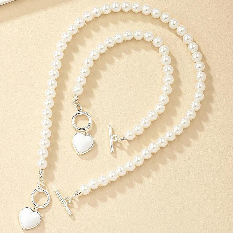 2PCS Immitation Pearl Necklace Bracelet Jewelry Set Elegant Love Pearl Color Pendant Natural Color Beads Collar for Girl Gifts