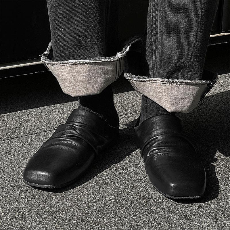 

Niche pleated leather slippers bag head half slippers square head muller shoes commuting versatile flat-soled small leather shoes 14949-R 38 чёрный