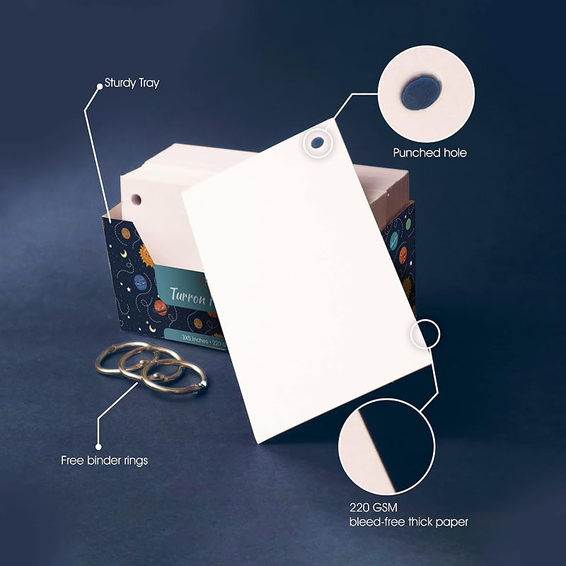 Turron Index Flash Cards Tray - 200 GSM, 150 Cards, 3x5 inch, Blank White - with Free Binder Rings for Short Notes, cue