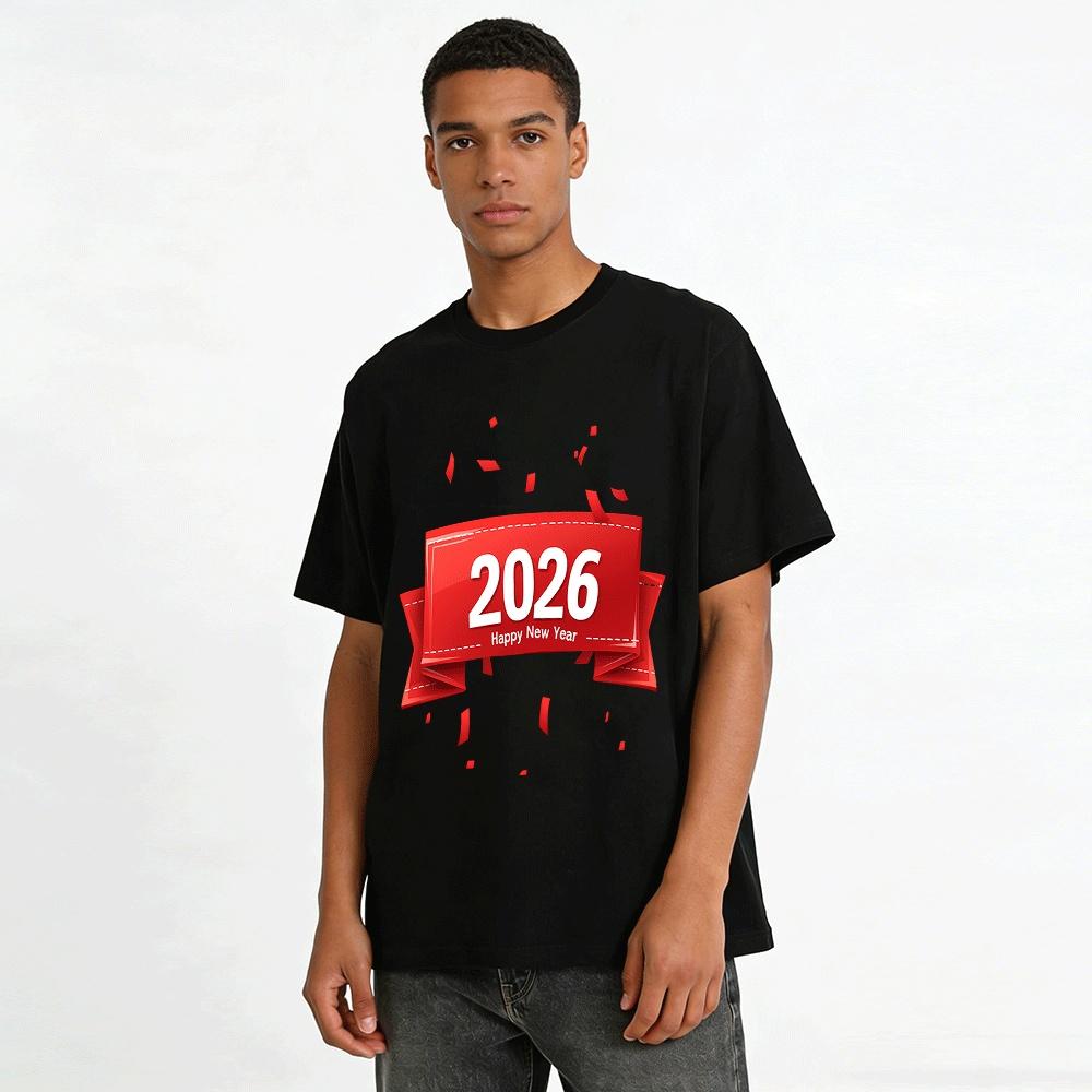 2026 Happy New Year Themed Printed Casual Loose Unisex Long Sleeve T-Shirt Pure Cotton T-shirt
