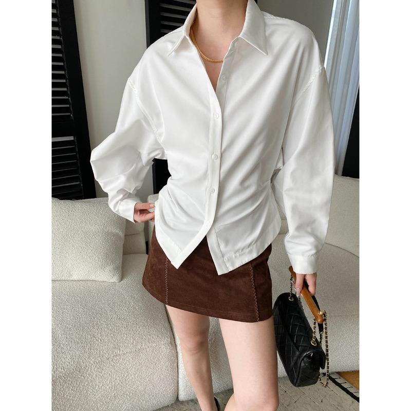 Sinan French Style Slimming Pleated Lapel Shirt SN8600 Medium белый