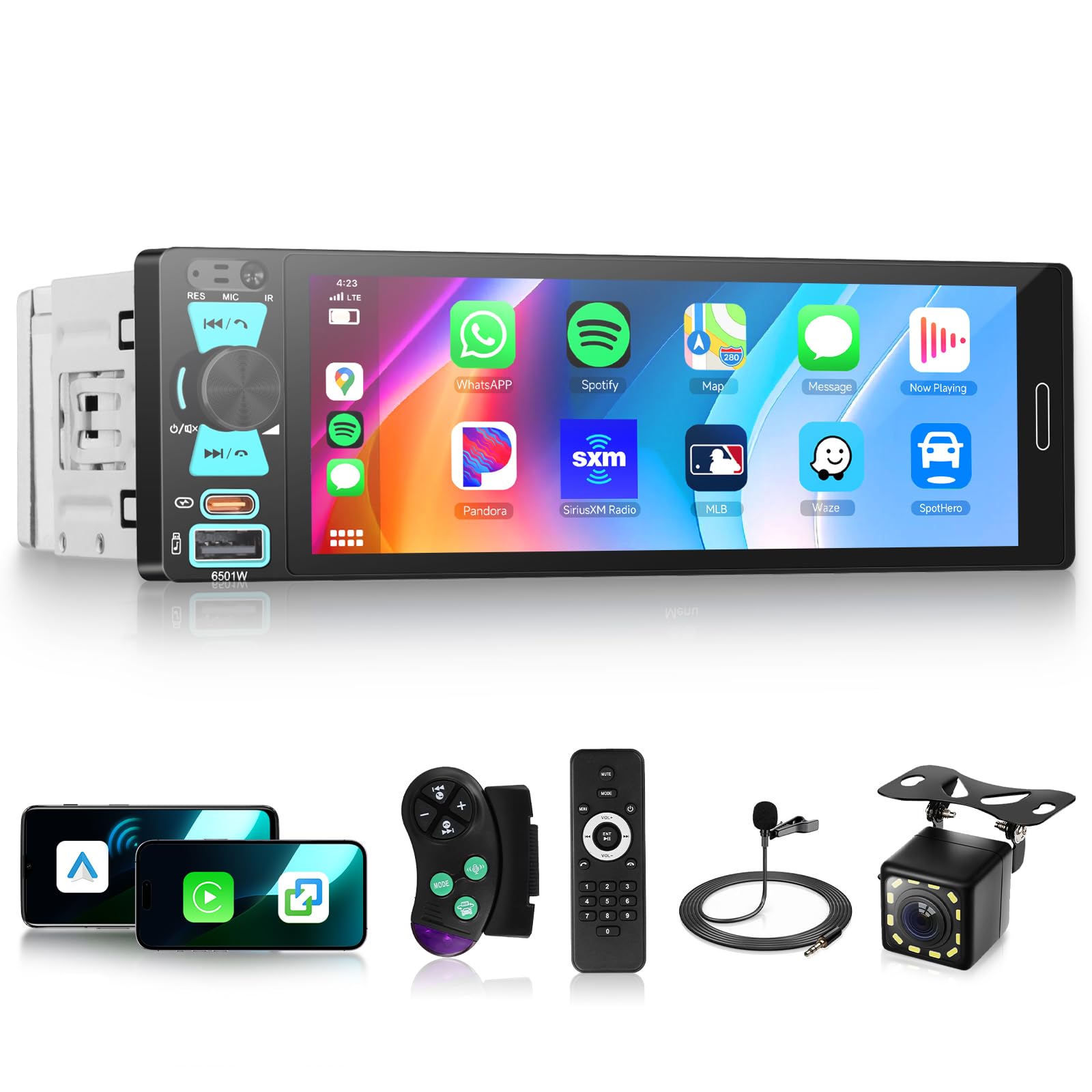Hodozzy 1DIN Car Stereo Wireless CarPlay/Android Auto Compatible 6.5-inch Touchscreen Car Radio Bluetooth/AM FM RDS Car Multimedia MP5 Radio Mirror Li