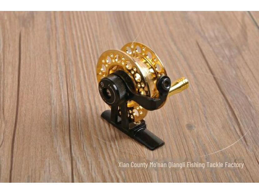 Angelrolle: Vollmetall-Frontrolle mit Eisangelschnur, Handrute und Mittel-Durchlauf-Rolle