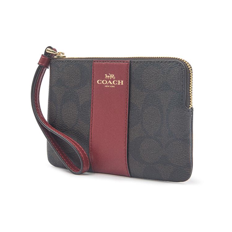 Coach Corner Zip Monogram Canvas With Leather Wrist Bag, Clutch, Coin Purse Womens Dark Brown Red