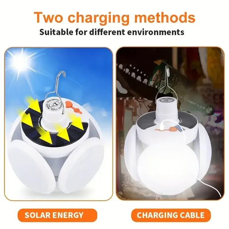 Portable Solar Camping Lantern LED Rechargeable Hanging Tent Lamp, Foldable Football Bulb with Hook Emergency Light for Outdoor Hiking Fishing