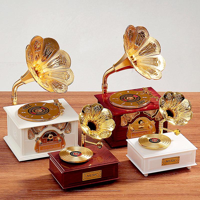 Antyczny Klasyczny Retro Gramofon z Tubą Pozytywka Nostalgiczny Styl Gramofon Pozytywka Dekoracja Domu Prezent